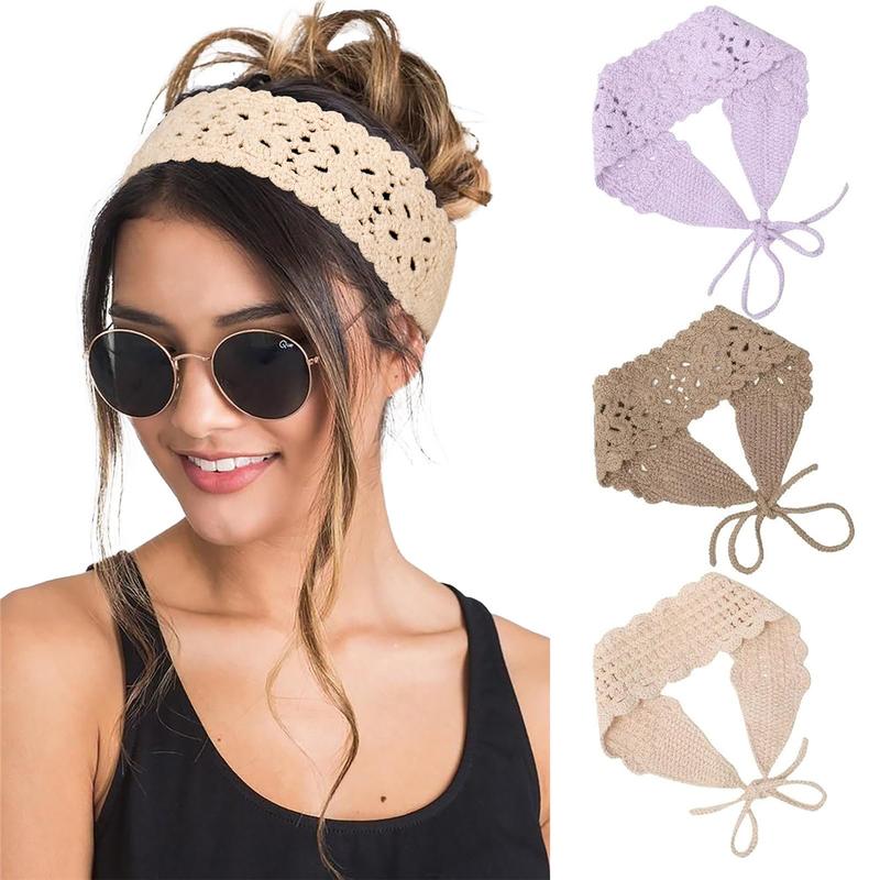 3Pcs Set Crochet Hippie Hair Bandanas Headbands for Women Boho Floral Headband Knit Hair Bands Floral Head Wrap for Girls