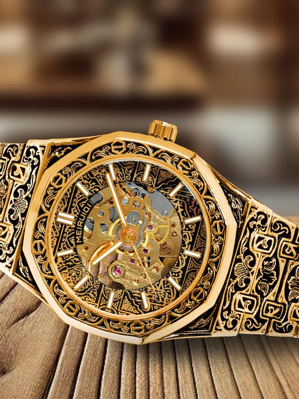 Men's Carved Hollow Out Design Mechanical Watch, Fashion Watch for Party, Daily Clothing Decor, Trendy All-match & Exquisite Watch for Birthday Gift with Box