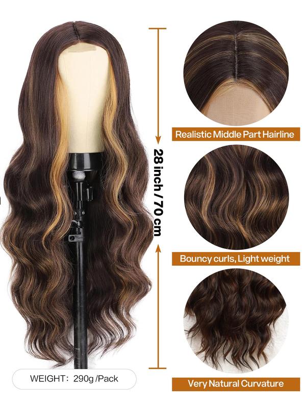 Highlight Long Body Wavy Wigs for Women, Natural Looking Gorgeous Fluffy Wigs without Bangs, Synthetic Full Machine Wigs for Party, Daily Use