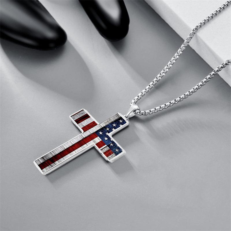 American Flag Patriotic Cross Pendant Necklace Religious Jewelry for Men