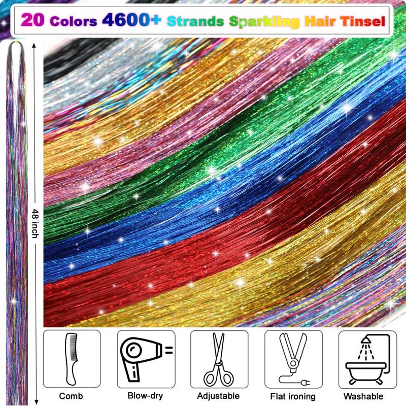 20 Colors Hair Tinsel Kit with Tools 48 Inch 4600 Strands Fairy Hair Tinsel Heat Resistant Glitter Tinsel Hair Extensions Hair Accessories Hair Tinsel Kit for Girls Women (20 Colors)