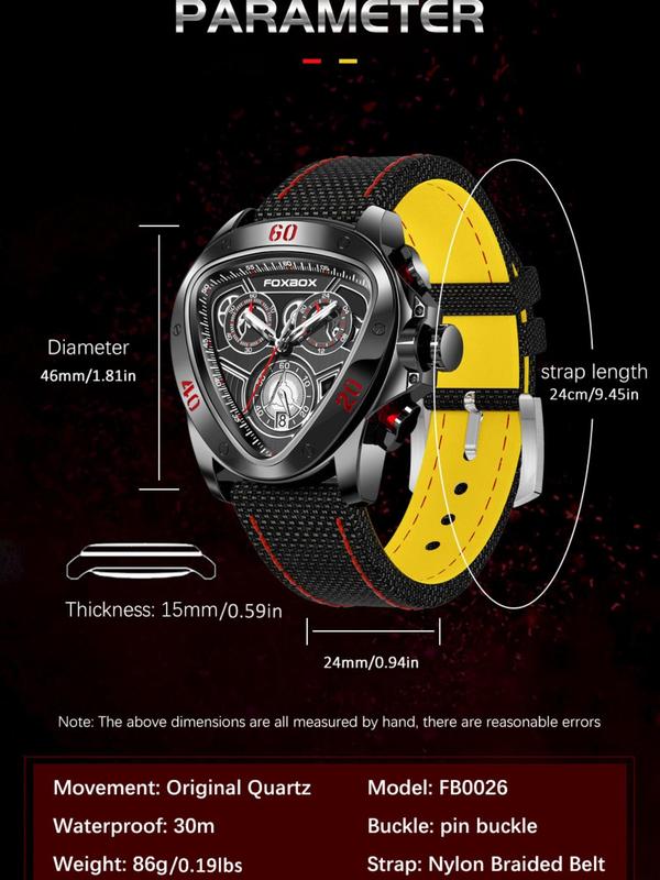 Men's Business Classic Sporty Analog Quartz Watch, Multifunctional Triangle Dial Nylon Strap Wristwatch, Trendy Watch for Men As Gift with Box