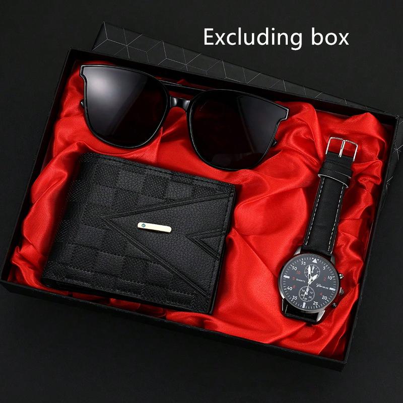 3pcs Set Fashionable Men's PU Leather Quartz Watch With Wallet And Sunglasses, Ideal Gift Set