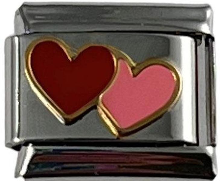 Italian Charm Link 2 Hearts Dark Red and Pink 9mm