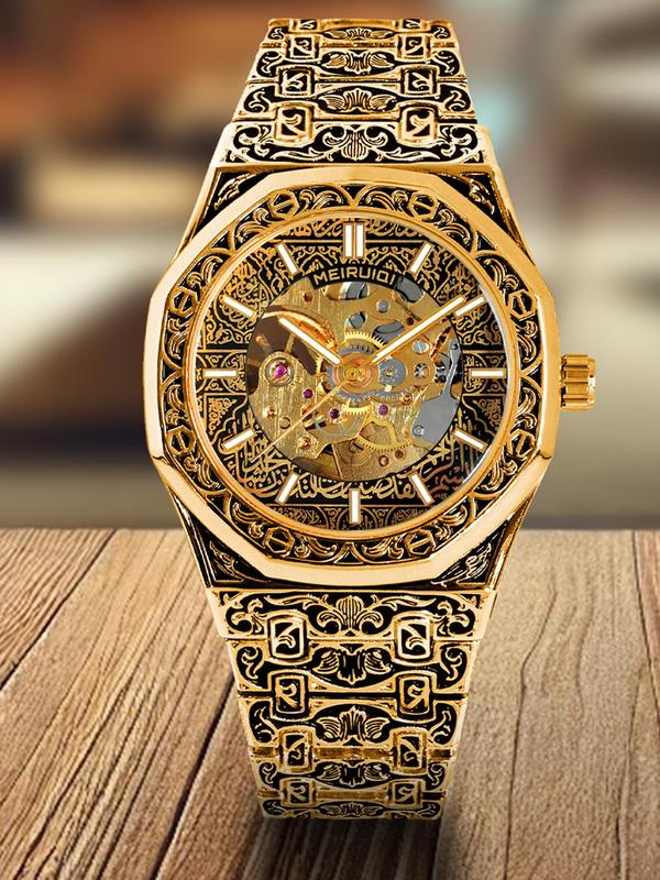 Men's Carved Hollow Out Design Mechanical Watch, Fashion Watch for Party, Daily Clothing Decor, Trendy All-match & Exquisite Watch for Birthday Gift with Box