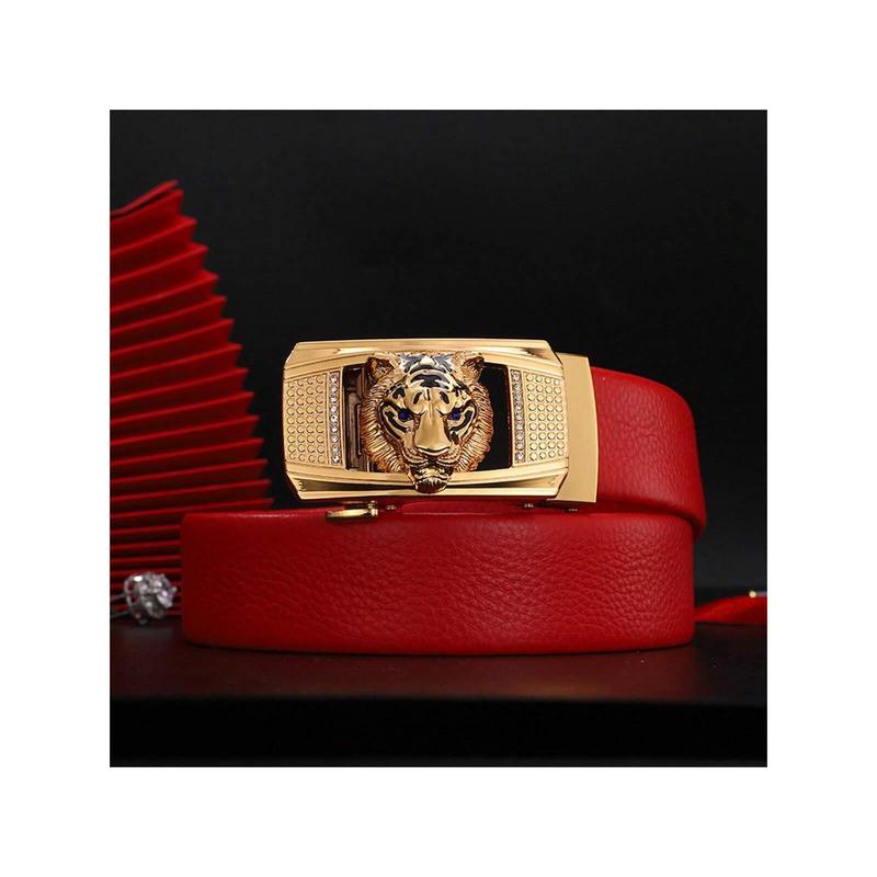 3.5cm Red Unisex Leather Belt With Tiger Head Shaped Buckle, Suitable For Daily Use Street Halloween