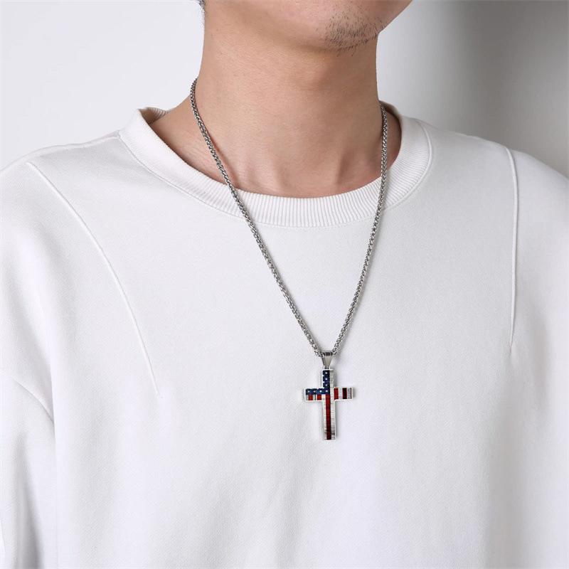 American Flag Patriotic Cross Pendant Necklace Religious Jewelry for Men