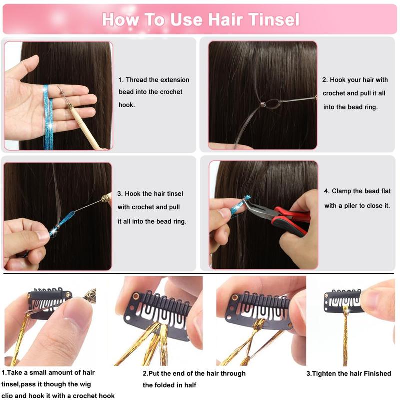 20 Colors Hair Tinsel Kit with Tools 48 Inch 4600 Strands Fairy Hair Tinsel Heat Resistant Glitter Tinsel Hair Extensions Hair Accessories Hair Tinsel Kit for Girls Women (20 Colors)