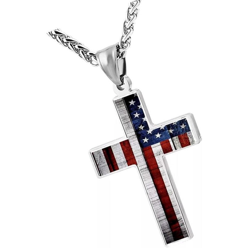 American Flag Patriotic Cross Pendant Necklace Religious Jewelry for Men