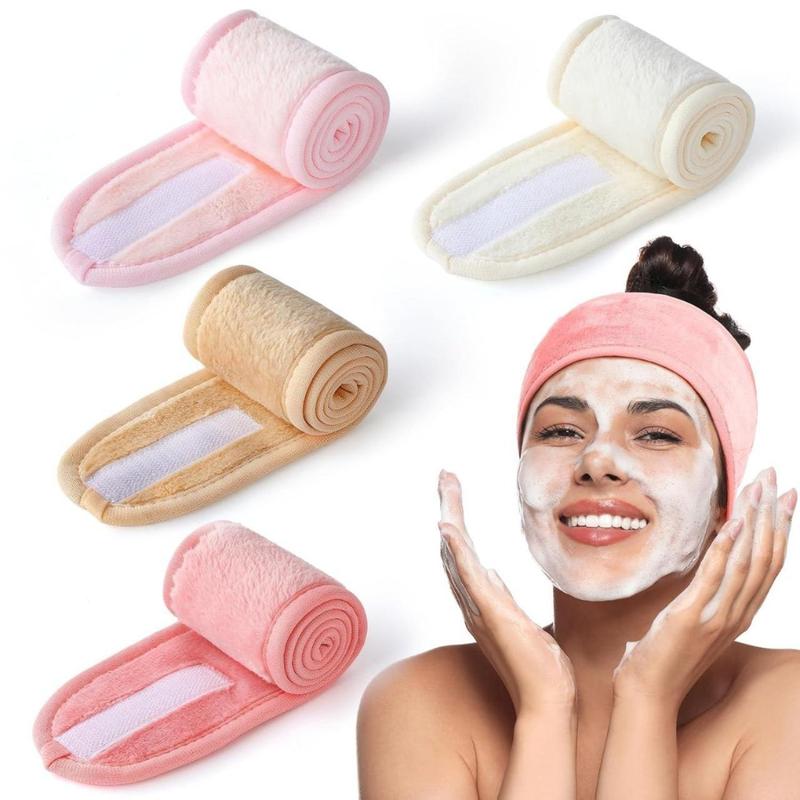 4 Pack Spa Headbands for Women, Lengthened Adjustable Makeup Headbands for Women's Hair, Stretch Flannel Headband for Washing Face, Wrap Towel for Skincare, Facial Mask, Bath and Sport with Magic Tape(Creative Life Pavilion)