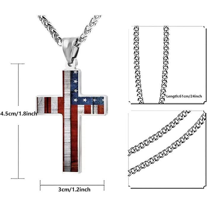 American Flag Patriotic Cross Pendant Necklace Religious Jewelry for Men