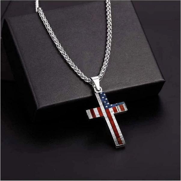 American Flag Patriotic Cross Pendant Necklace Religious Jewelry for Men