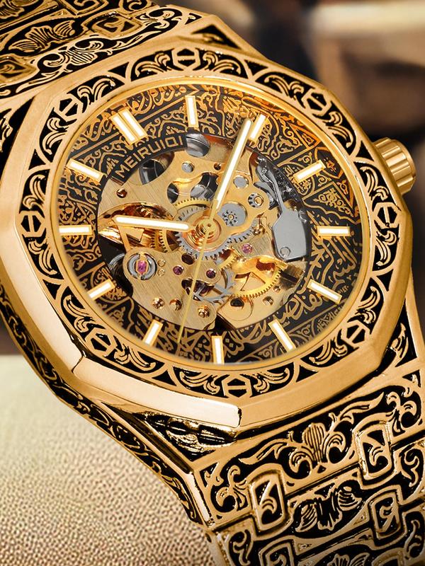 Men's Carved Hollow Out Design Mechanical Watch, Fashion Watch for Party, Daily Clothing Decor, Trendy All-match & Exquisite Watch for Birthday Gift with Box