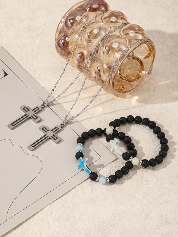 Luminous Cross Necklace & Beaded Bracelet, Fashion Jewelry Set for Party, Daily Clothing Decor, Trendy All-match & Exquisite Jewelry for Birthday Gift