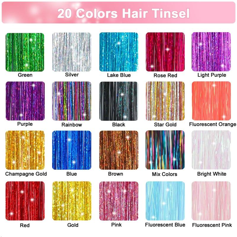 20 Colors Hair Tinsel Kit with Tools 48 Inch 4600 Strands Fairy Hair Tinsel Heat Resistant Glitter Tinsel Hair Extensions Hair Accessories Hair Tinsel Kit for Girls Women (20 Colors)