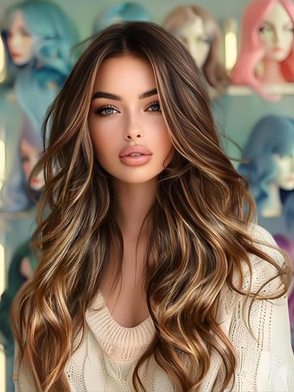 Highlight Long Body Wavy Wigs for Women, Natural Looking Gorgeous Fluffy Wigs without Bangs, Synthetic Full Machine Wigs for Party, Daily Use