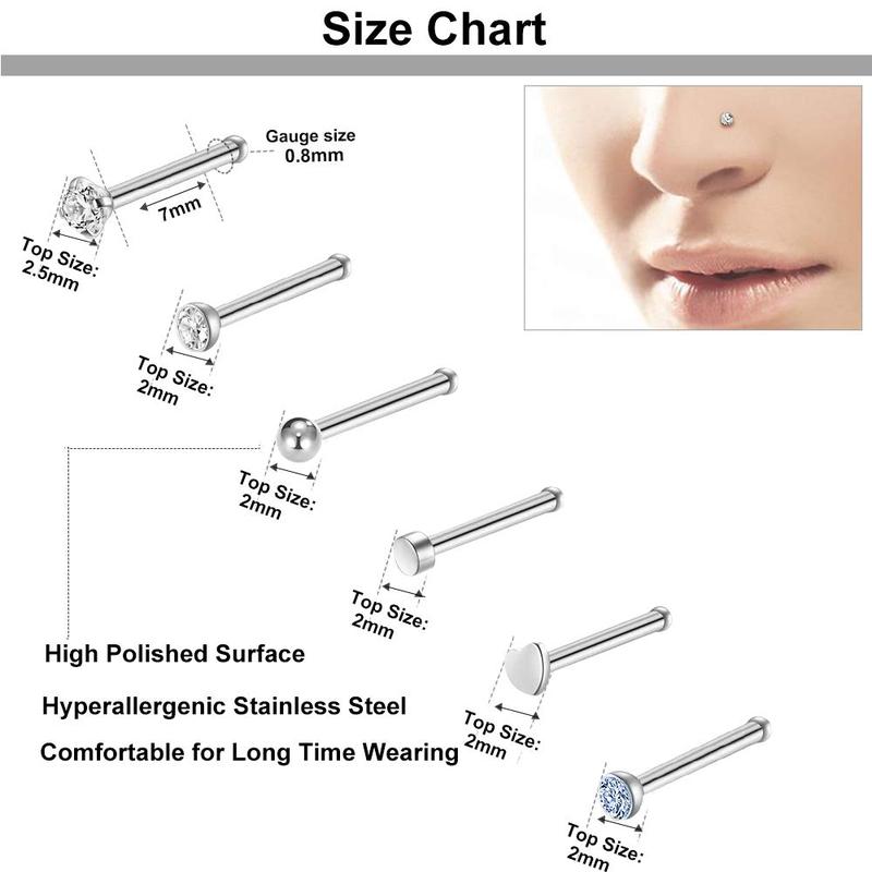 9 - 40 pieces of 20G nose rings for women and men. Hoops, L - shape studs with screw, hypoallergenic, surgical stainless steel, for nose piercings.