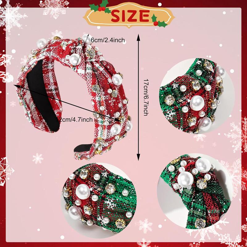 Christmas Headbands for Women Pearl Rhinestone Knot Headband Xmas Crystal Jeweled Hair Band Bow Wide Top Knotted Headband Christmas Hair Accessories Holiday Party Outfits(Snowflake Plaid)