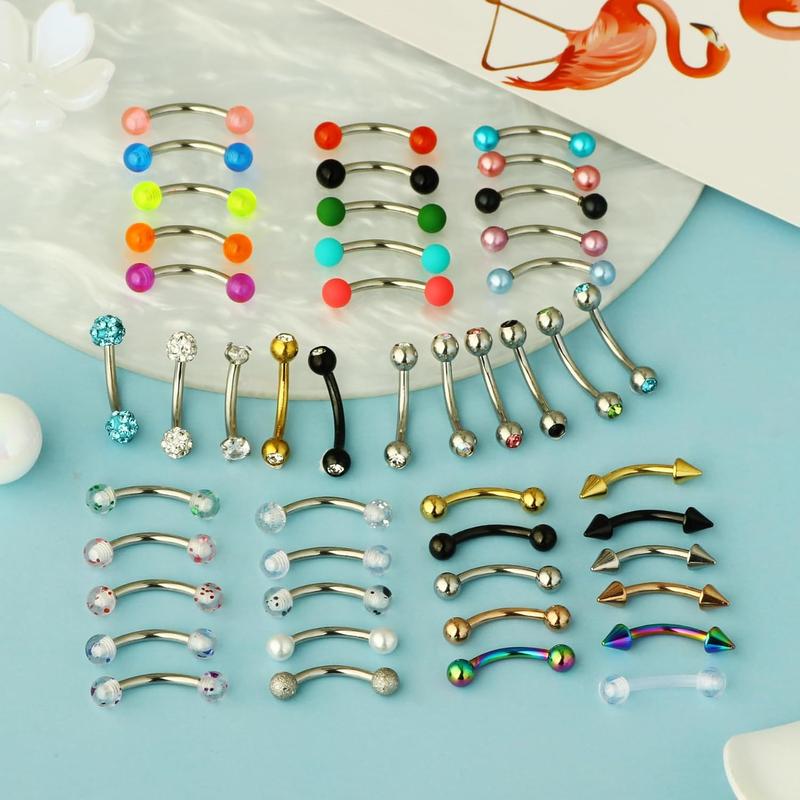 47pcs 16G Stainless Steel Eyebrow Piercing Rings Clear CZ Curved Earrings Piercing Body for Women Men