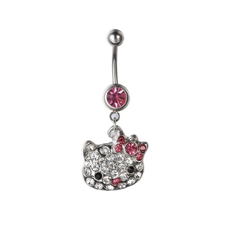 Pink Pendant Rhinestone Cat Belly Ring, 14 Gauge