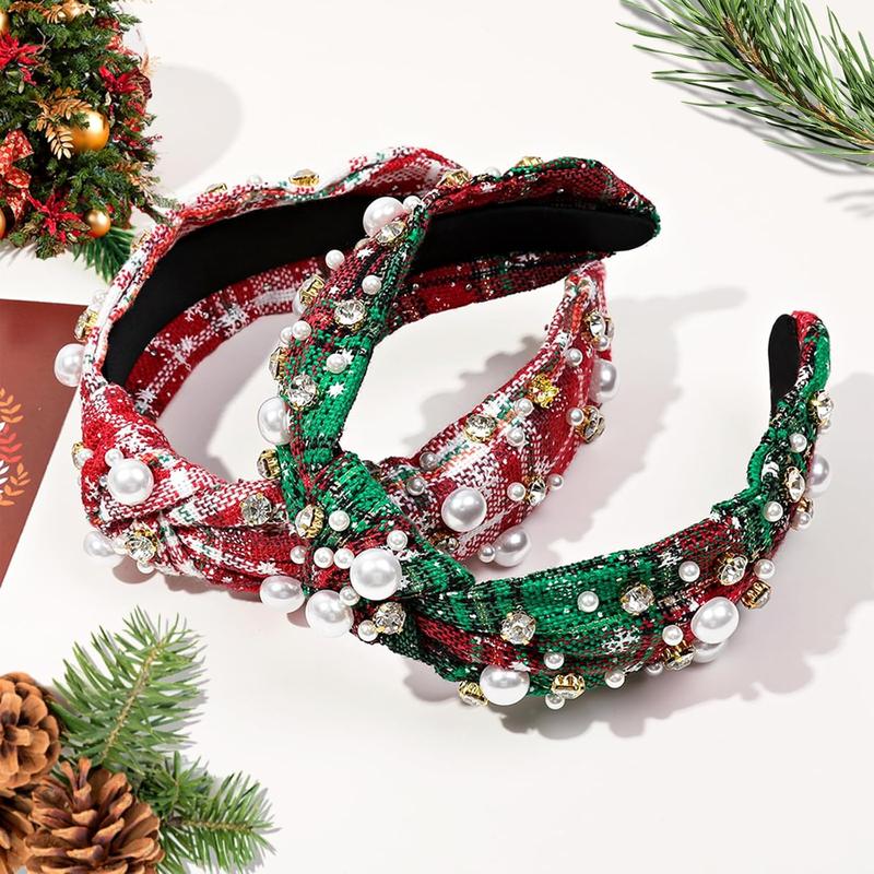 Christmas Headbands for Women Pearl Rhinestone Knot Headband Xmas Crystal Jeweled Hair Band Bow Wide Top Knotted Headband Christmas Hair Accessories Holiday Party Outfits(Snowflake Plaid)