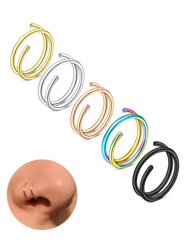 Casual 5pcs Colorful Stainless Steel Double Hoop Nose Rings, Nose Cuff For Women And Men, Fashionable Body Jewelry Gift For Any Occasion