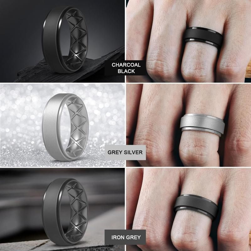 Inner Arc Ergonomic Breathable Design, Silicone Rings Mens with Half Sizes, 7 Rings   6 Rings   5 Rings   4 Rings   1 Ring Rubber Wedding Bands, 8.5mm Wide-2mm Thick