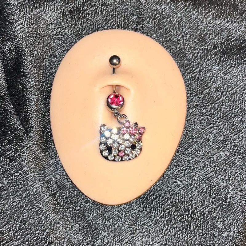 Pink Pendant Rhinestone Cat Belly Ring, 14 Gauge