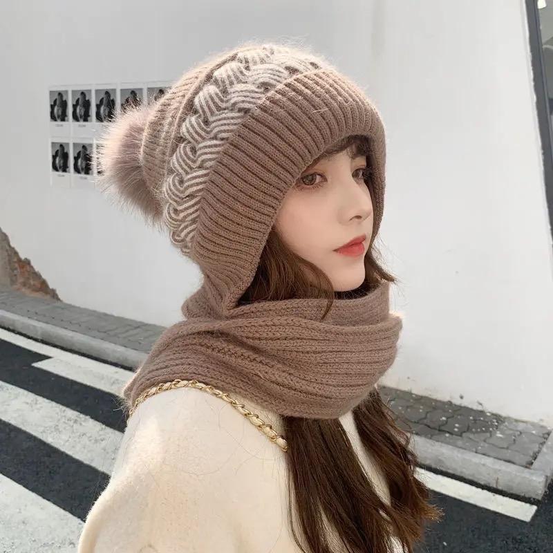 Women's scarf Fashion autumn winter hat ear muffs Snow bib one hat wool knit cover hat