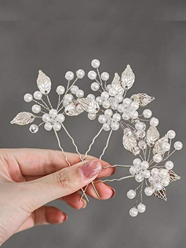 Faux Pearl Decor Flower & Leaf Design Hair Pins, 3 Counts set Elegant Hair Pins for Wedding Party, Exquisite Bridal Headwear for Women & Girls