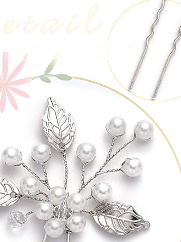 Faux Pearl Decor Flower & Leaf Design Hair Pins, 3 Counts set Elegant Hair Pins for Wedding Party, Exquisite Bridal Headwear for Women & Girls