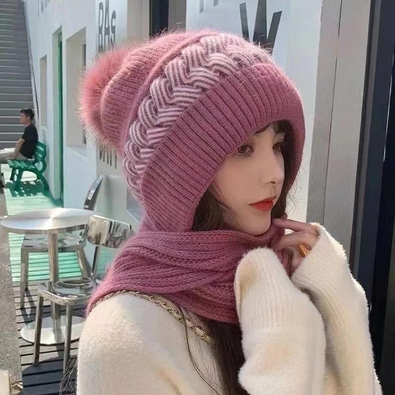 Women's scarf Fashion autumn winter hat ear muffs Snow bib one hat wool knit cover hat