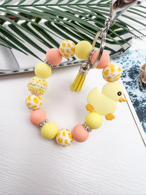 Cute Duck Decor Beaded Keychain, Tassel Decor Duck Pattern Wristlet Keychain, Fashion Accessories for Women & Men, Trendy All-match & Exquisite Keychain for Gift