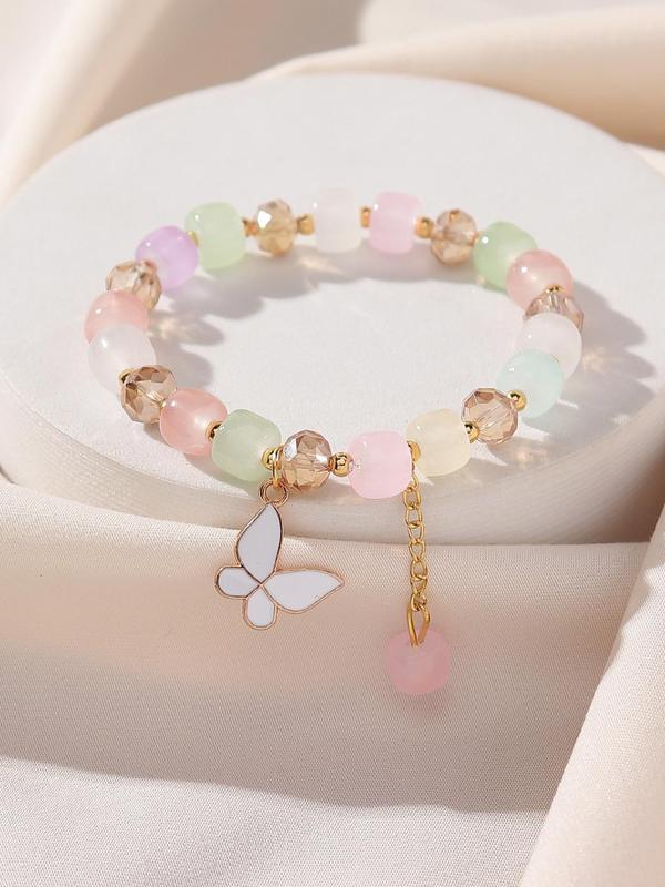 Fashion Oil Drip Butterfly Charm Beaded Bracelet,  Casual Summer Beach Vacation Accessories, Elegant All-match Jewelry for Women and Girls, Creative Holiday Birthday Gifts