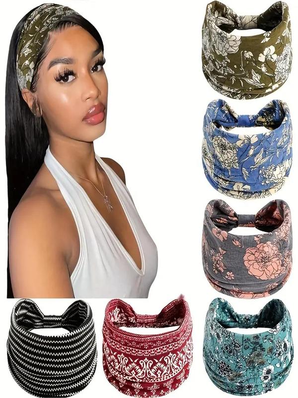 Boho Style Floral Print Knot Design Hair Band, High Stretch Hair Tie for Women & Girls, Minimalist Headwear Suitable for Outdoor Sports