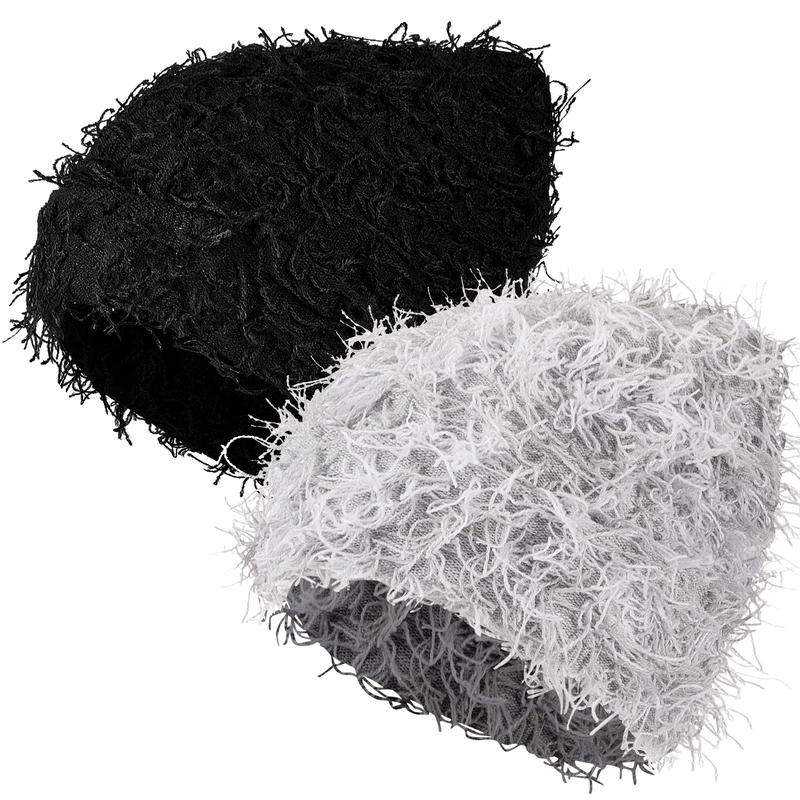 Distressed Knitted Beanie Fuzzy Winter Hats Thick Warm Beanie Hats for Men Women Outdoor Knit Cap