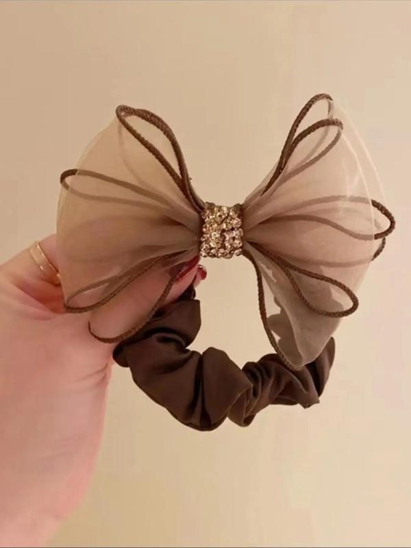 Minimalist Temperament Bow Design Scrunchies, 3pcs Rhinestone Decorated Bow Design Mesh Hair Tie, Spring New Fashion Hair Accessories for Women & Girls