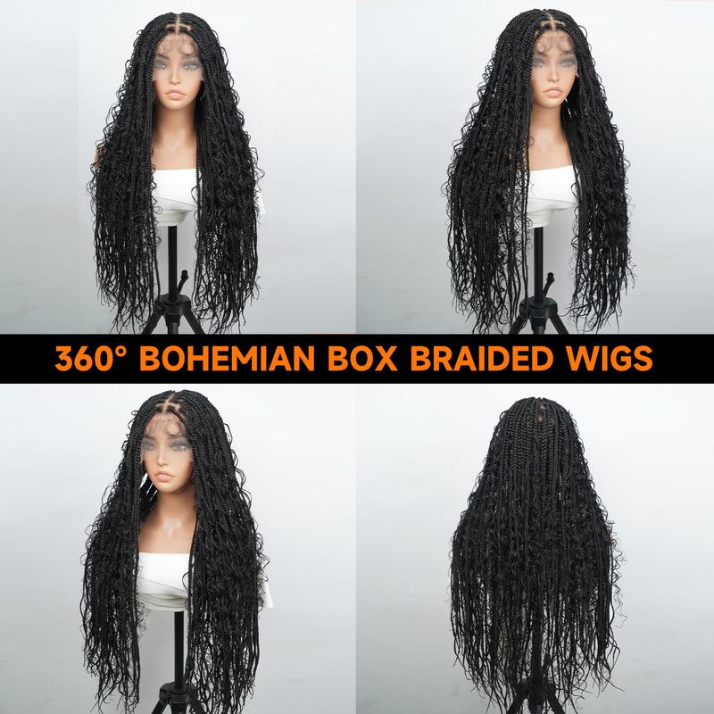 Wiggins 36 Inch Box Braided Wigs Full Lace Front Wig Synthetic Long Braided Wig Synthetic Braided Wigs With Boho Curly Ends