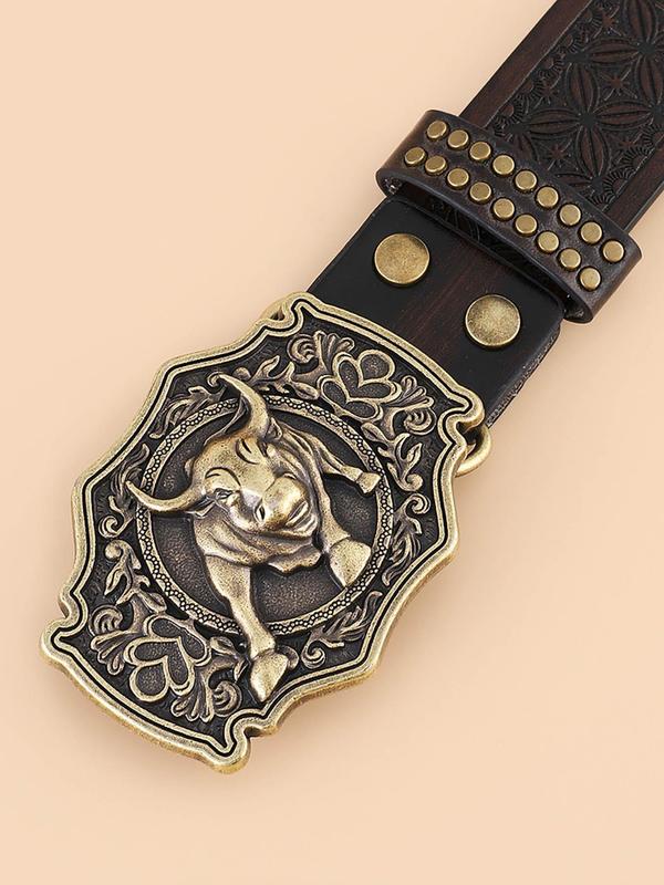 Vintage Bull Head Decor PU Buckle Belt, Fashionable Studded Decor Belt for Men & Women, Casual Waistband for Jeans Trousers