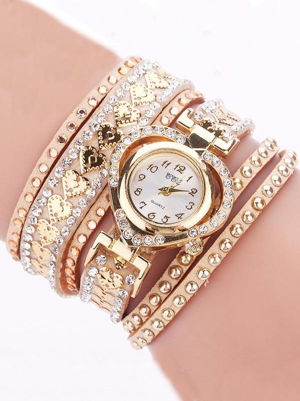 Women's Retro Quartz Watch, Heart & Round Dial Design and Faux Leather Strap Analog Quartz Watch, Personality Creative Fashion Rhinestone Wrist Watch, Sparkly Light Luxury Gift for Women, without Box