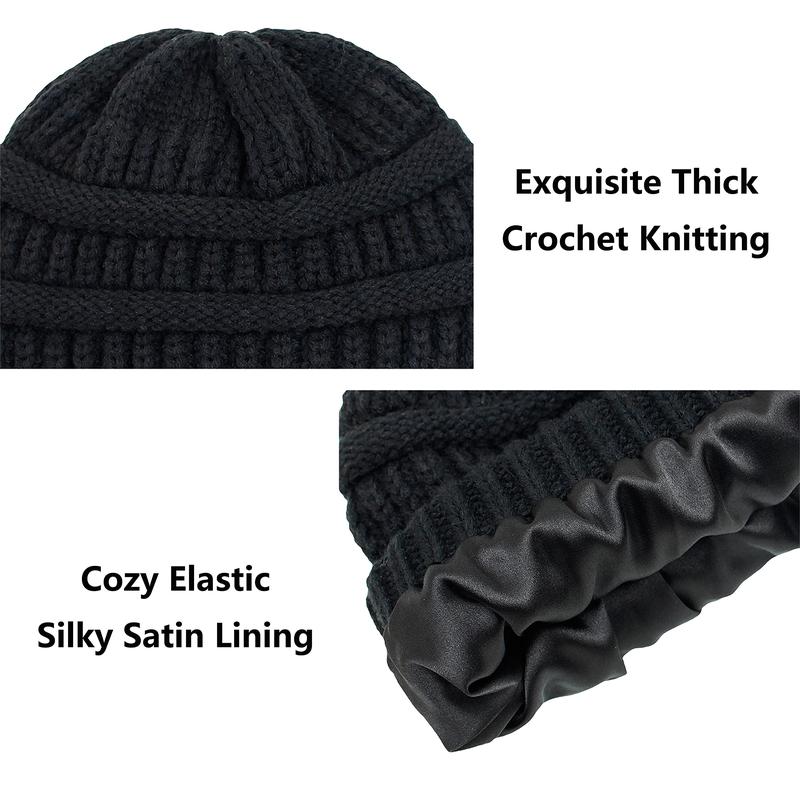 Satin Lined Beanie Hats for Women Slouchy Cable Knit Silk Skull Cap Knit Winter Warm Thick Chunky Hat