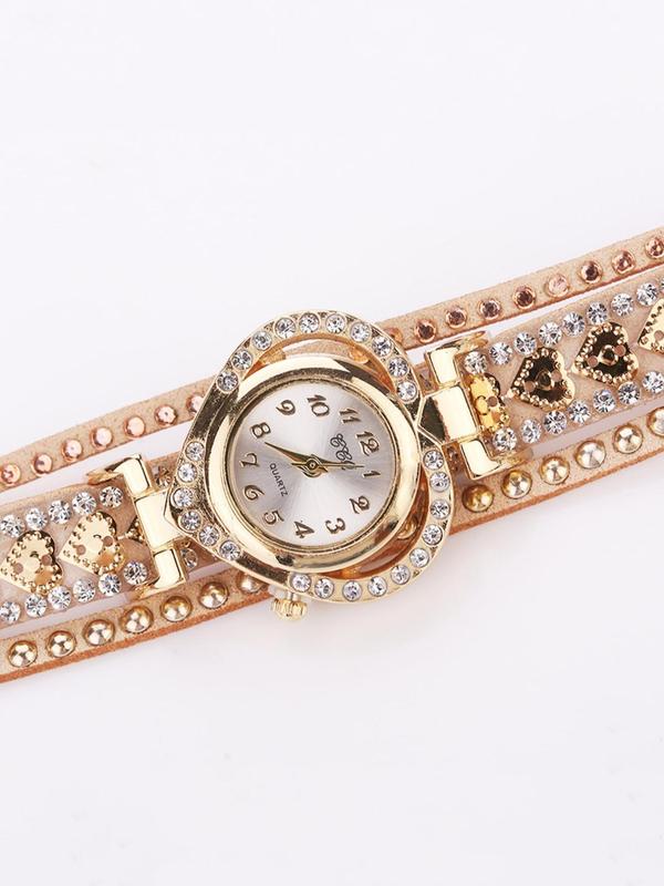 Women's Retro Quartz Watch, Heart & Round Dial Design and Faux Leather Strap Analog Quartz Watch, Personality Creative Fashion Rhinestone Wrist Watch, Sparkly Light Luxury Gift for Women, without Box