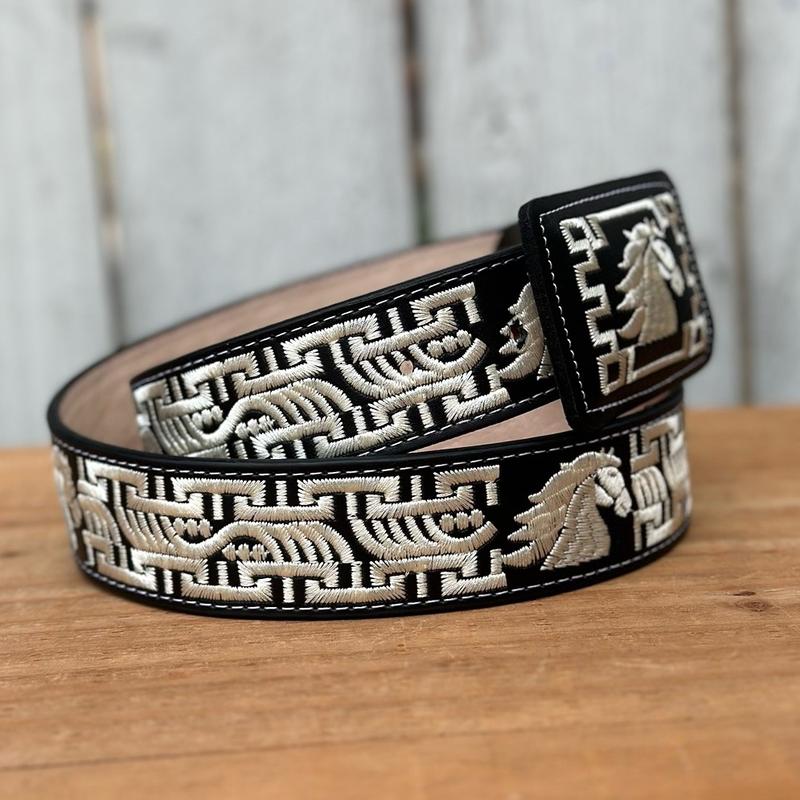 Black and White “Horse” Embroidered Belt with Rectangular Buckle - Western Belts for Men