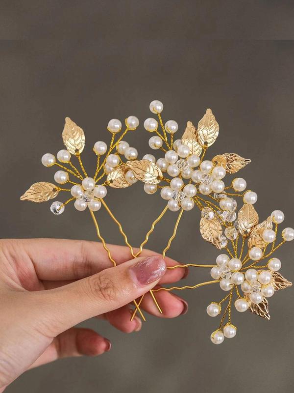 Faux Pearl Decor Flower & Leaf Design Hair Pins, 3 Counts set Elegant Hair Pins for Wedding Party, Exquisite Bridal Headwear for Women & Girls