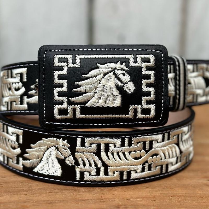 Black and White “Horse” Embroidered Belt with Rectangular Buckle - Western Belts for Men