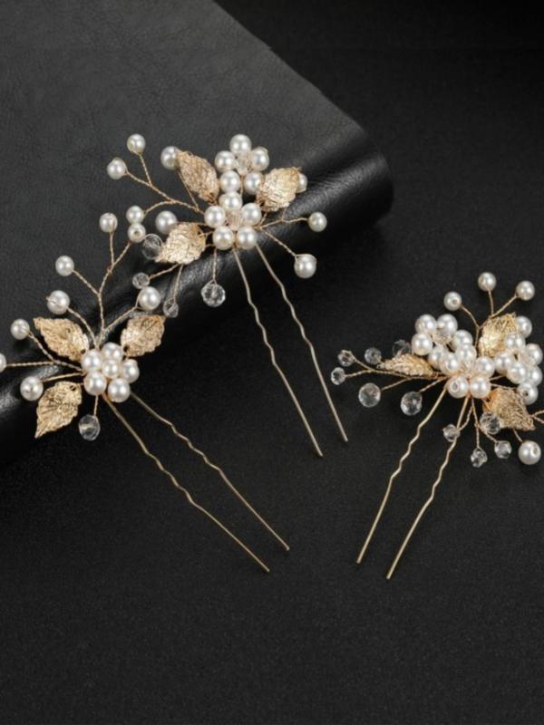 Faux Pearl Decor Flower & Leaf Design Hair Pins, 3 Counts set Elegant Hair Pins for Wedding Party, Exquisite Bridal Headwear for Women & Girls