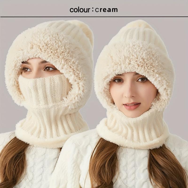 Winter Fleece Lined Knitted Hat with Ear Covers 3 in 1 Winter Hat Scarf Mask Set Windproof Warm Hooded Neck Warmer for Outdoor Cycling