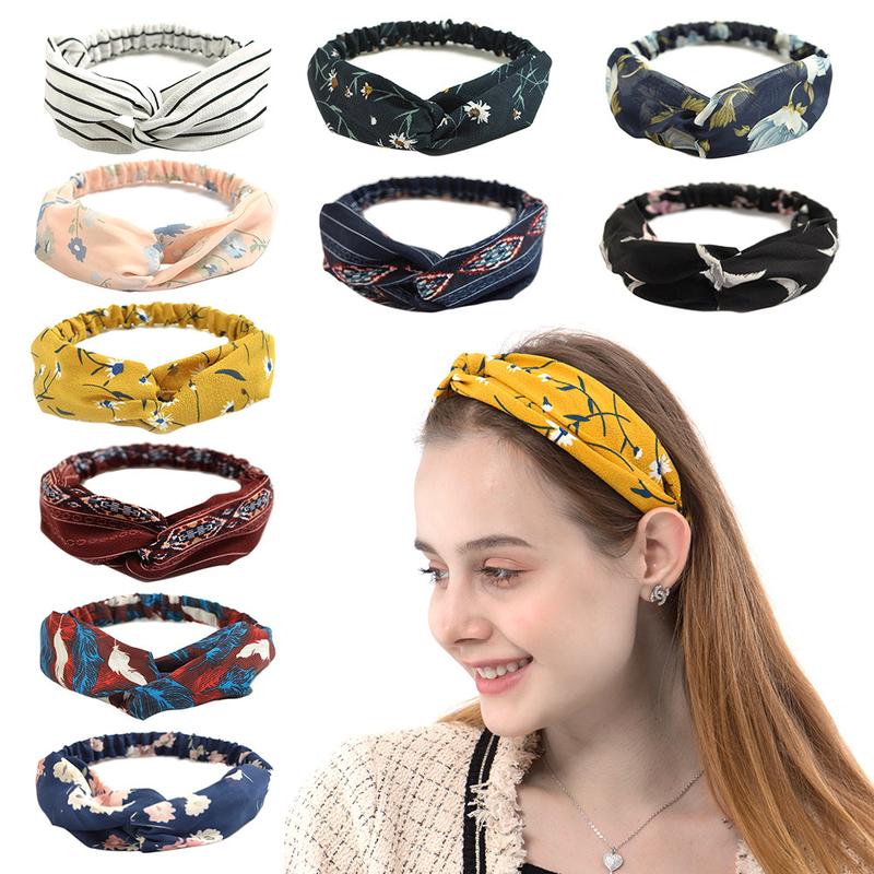 Flower Print Elastic Headband Hairband Cross Turban Bandanas Women Headbands with Twist Knot Boho Head Wrap Elastic