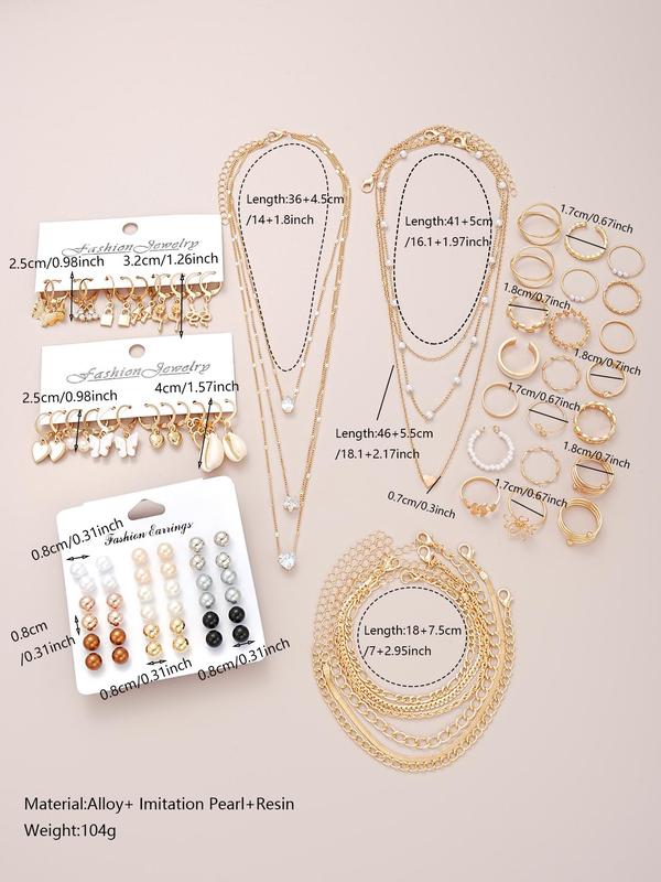 Elegant Jewelry Set, Faux Pearl Decor Heart & Butterfly Necklace & Earring & Ring & Link Bracelet & Stud Earring, Trendy & Exquisite Jewelry Set for Women