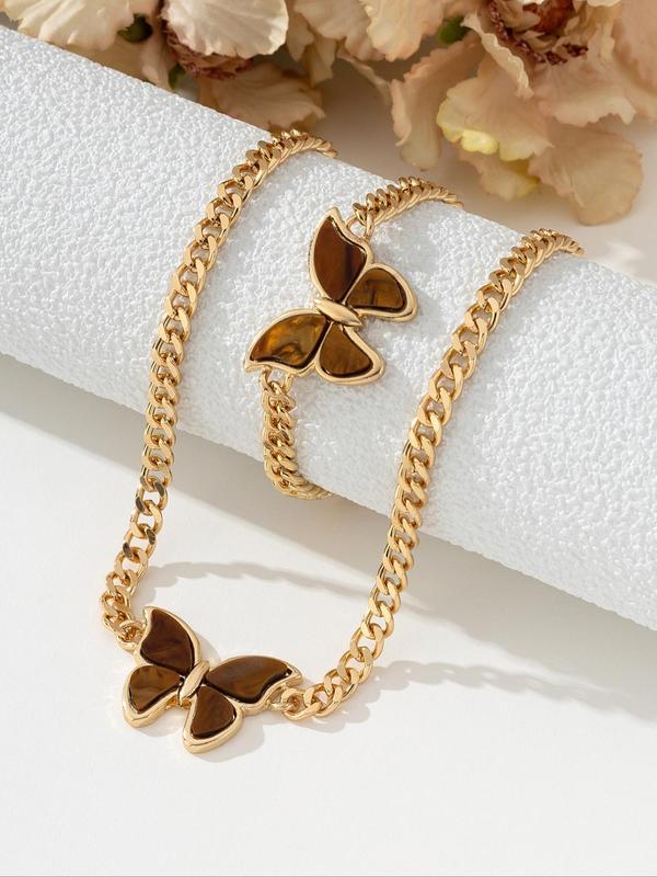 Women's Elegant Butterfly Design Pendant Necklace & Bracelet, Fashion Jewelry for Party Clothing Decor, Trendy All-match & Exquisite Jewelry for Birthday Gift